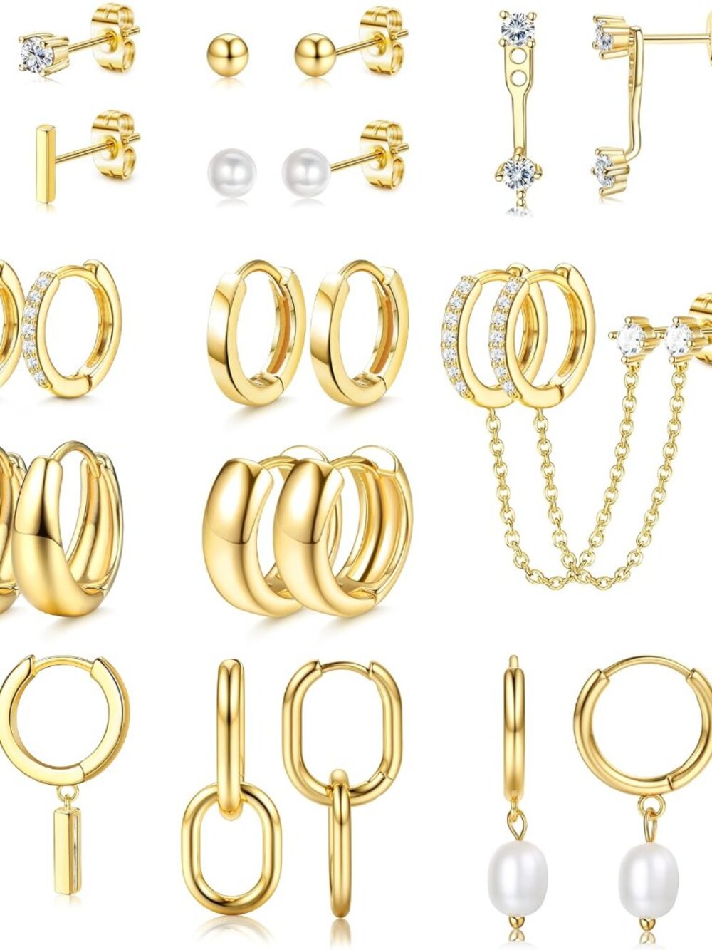 13 Pairs Small Stud Hoop Earrings Set for Women, Gold Earrings Pack | Hypoallerg